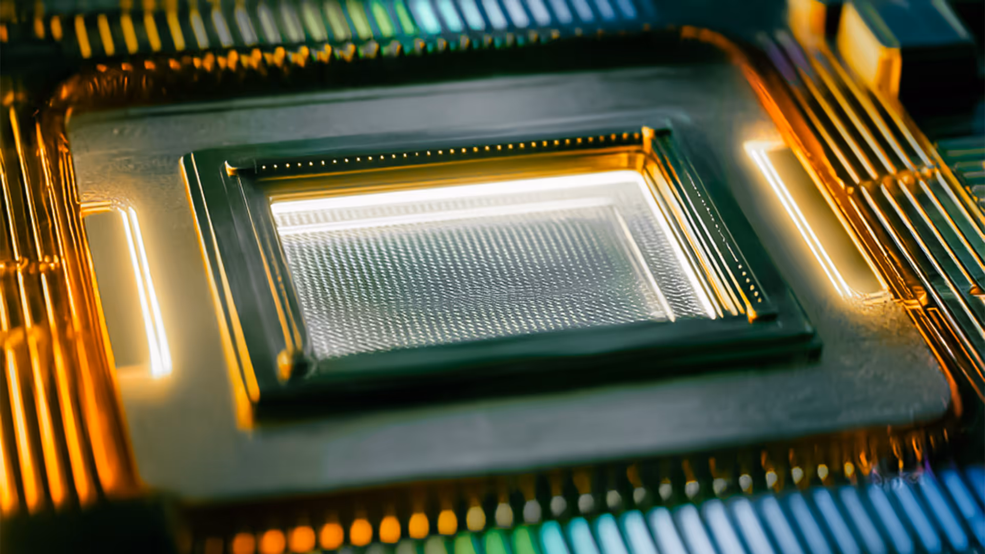 Close-up of a glowing quantum processor chip with metallic components and circuits. - QFS XLM